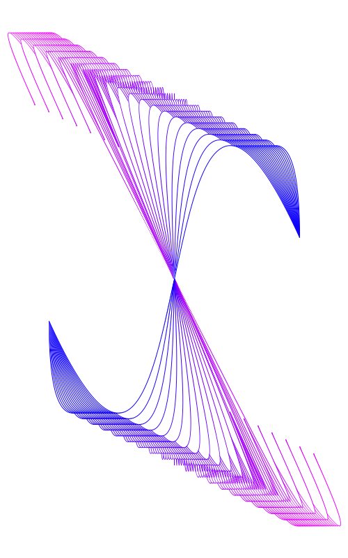Some Bezier curves laid out symmetrically and with smoothly varying colors.